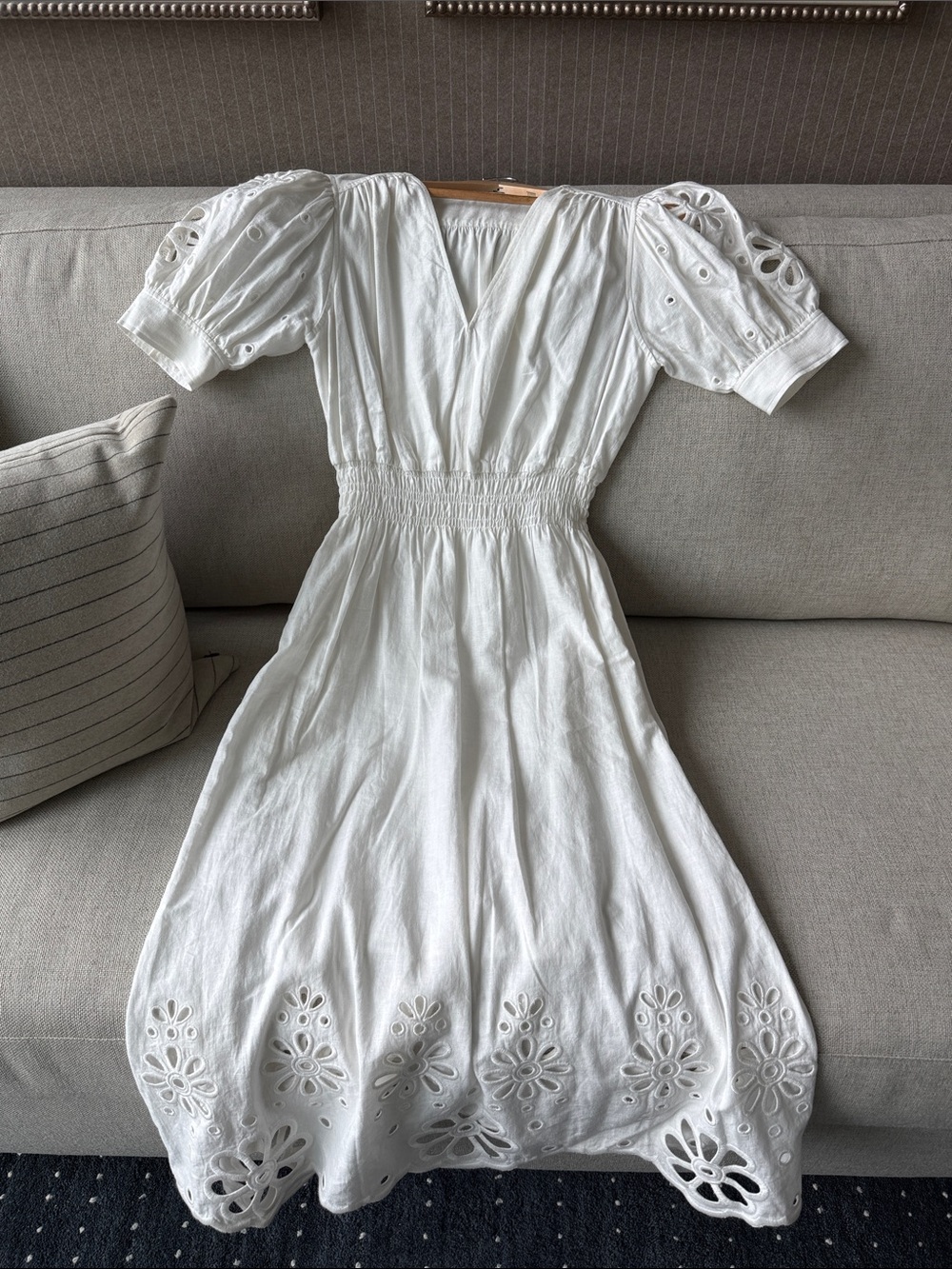 Elie Tahari Linen Women’s White Eyelet Midi Dress with Puff Sleeves